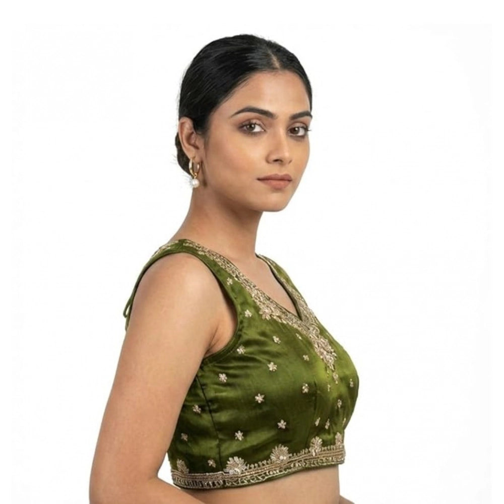 Generic Women's Silk Embroidered V-Neck Sleeveless Readymade Padded Blouse (Mahendi, Size 38)