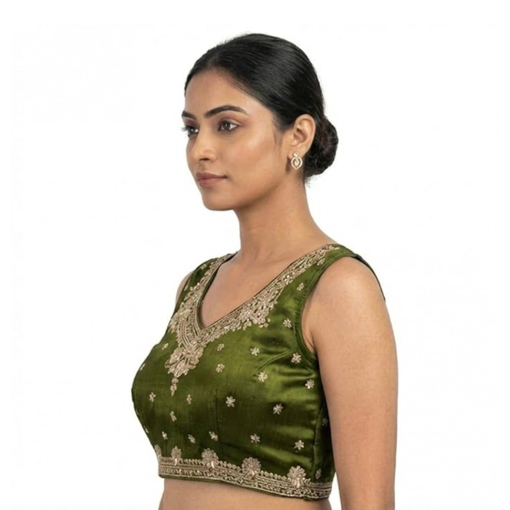 Generic Women's Silk Embroidered V-Neck Sleeveless Readymade Padded Blouse (Mahendi, Size 38)
