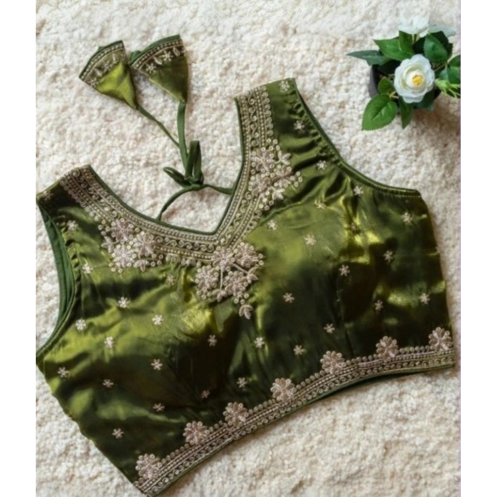 Generic Women's Silk Embroidered V-Neck Sleeveless Readymade Padded Blouse (Mahendi, Size 38)