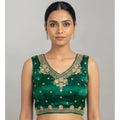 Generic Women's Silk Embroidered V-Neck Sleeveless Readymade Padded Blouse (Green, Size 38)