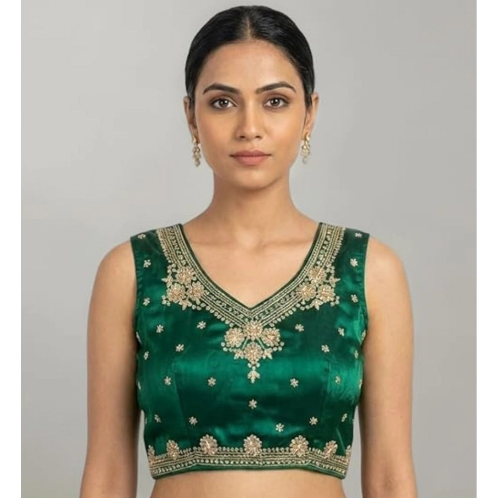 Generic Women's Silk Embroidered V-Neck Sleeveless Readymade Padded Blouse (Green, Size 38)