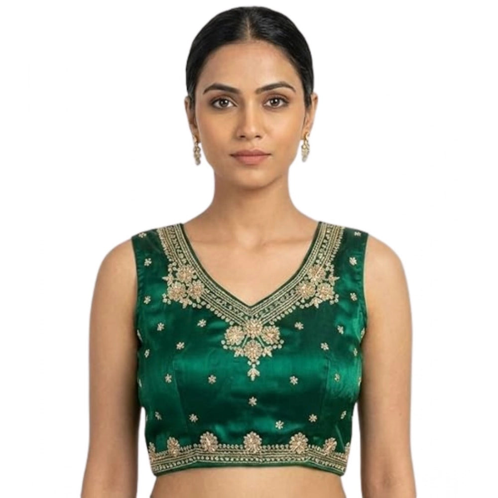 Generic Women's Silk Embroidered V-Neck Sleeveless Readymade Padded Blouse (Green, Size 38)