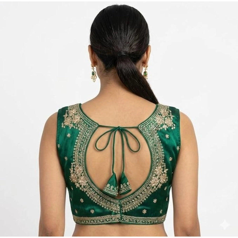 Generic Women's Silk Embroidered V-Neck Sleeveless Readymade Padded Blouse (Green, Size 38)