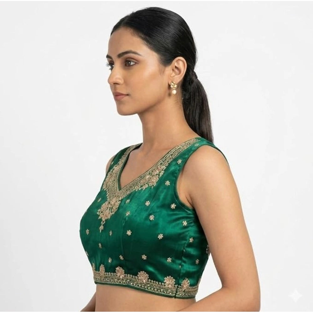 Generic Women's Silk Embroidered V-Neck Sleeveless Readymade Padded Blouse (Green, Size 38)