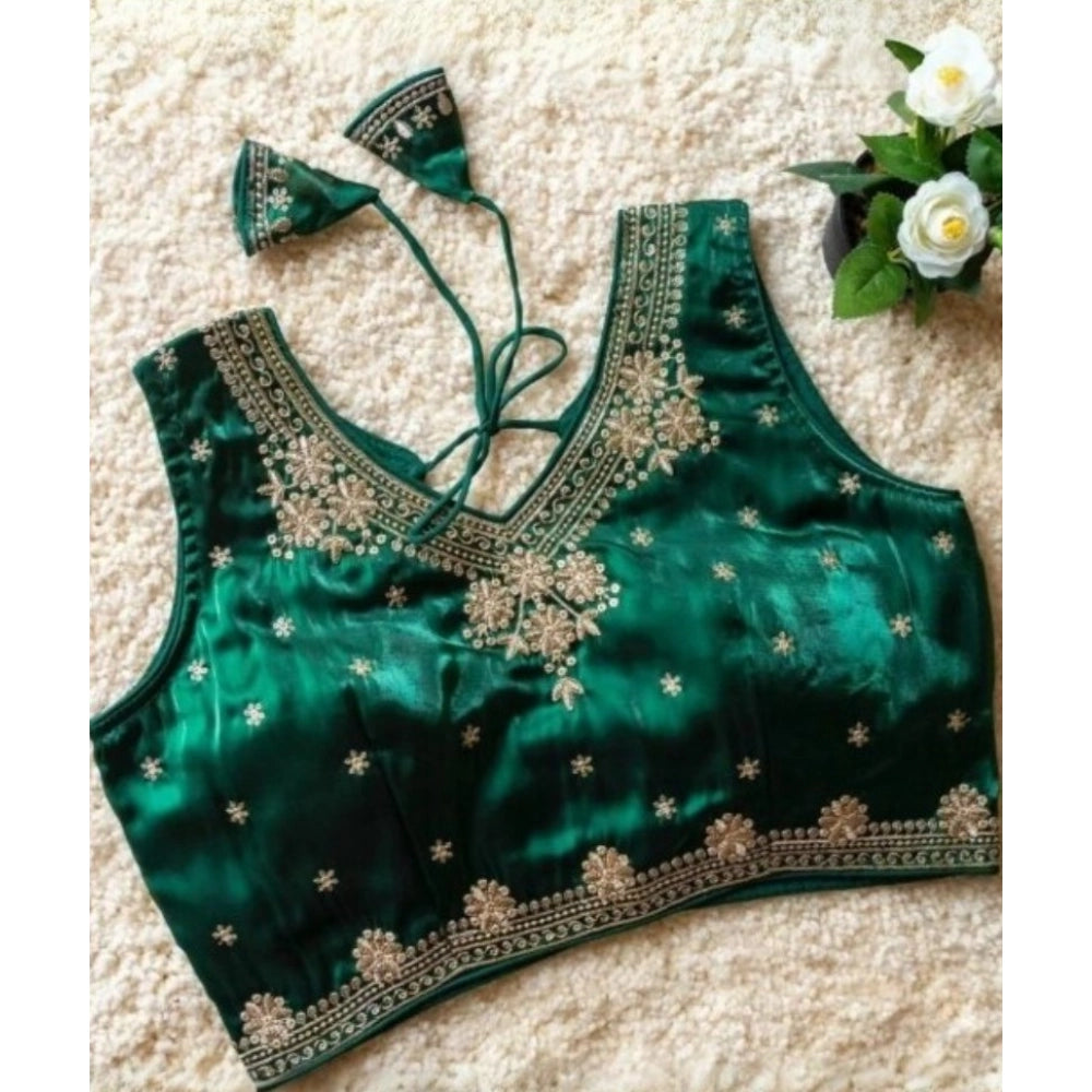 Generic Women's Silk Embroidered V-Neck Sleeveless Readymade Padded Blouse (Green, Size 38)