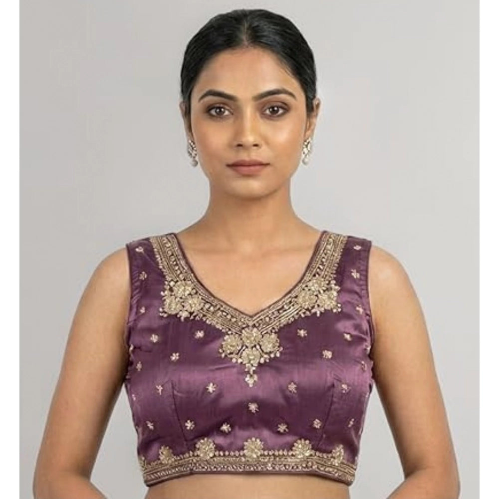 Generic Women's Silk Embroidered V-Neck Sleeveless Readymade Padded Blouse (Purple, Size 38)