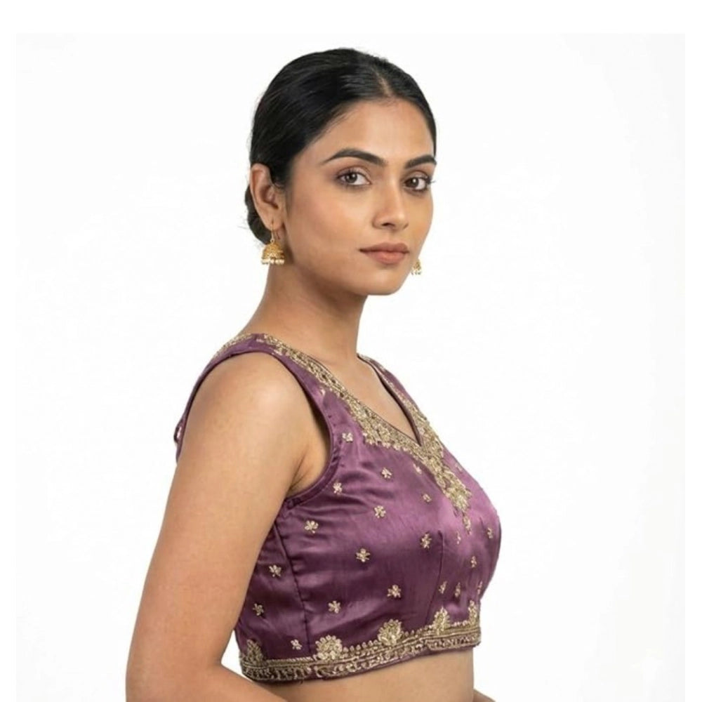 Generic Women's Silk Embroidered V-Neck Sleeveless Readymade Padded Blouse (Purple, Size 38)