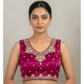 Generic Women's Silk Embroidered V-Neck Sleeveless Readymade Padded Blouse (Pink, Size 38)