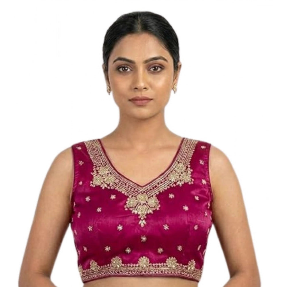 Generic Women's Silk Embroidered V-Neck Sleeveless Readymade Padded Blouse (Pink, Size 38)