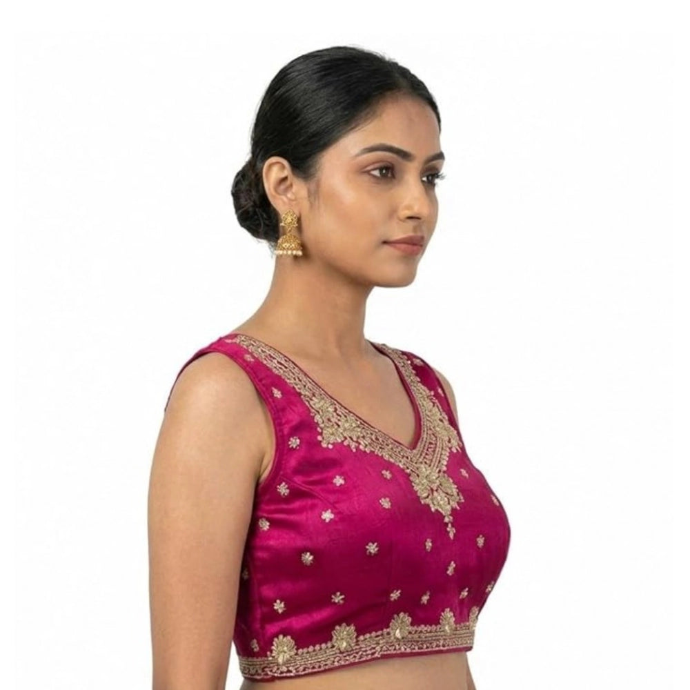 Generic Women's Silk Embroidered V-Neck Sleeveless Readymade Padded Blouse (Pink, Size 38)