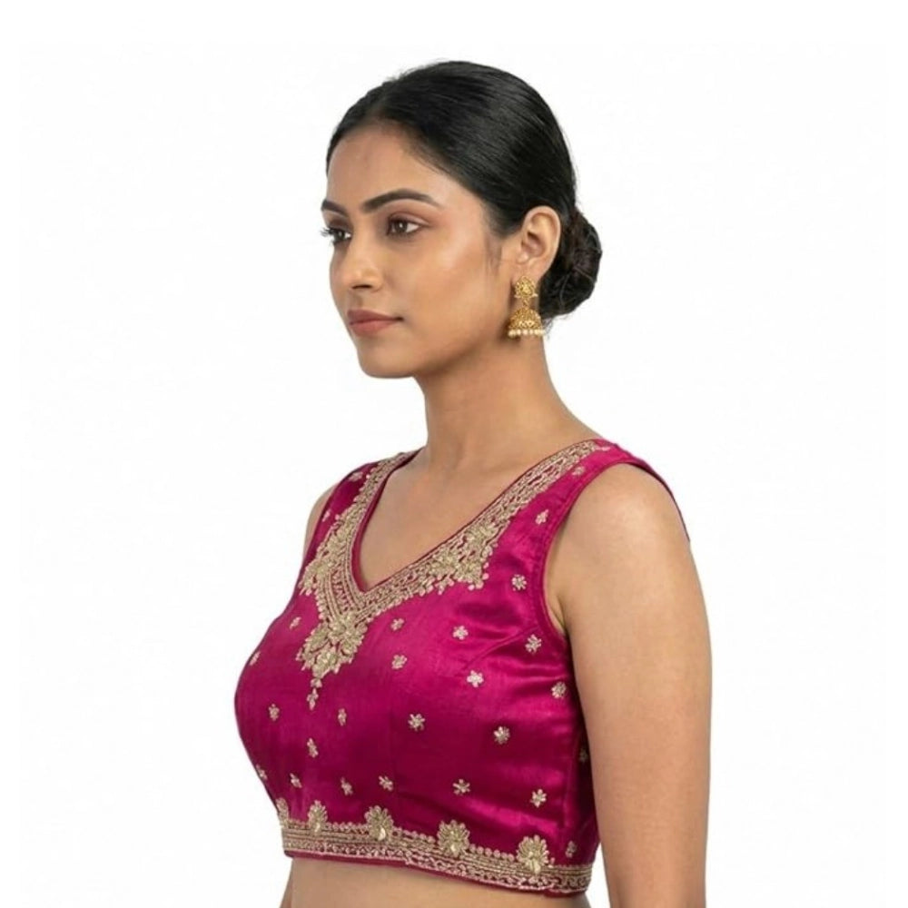 Generic Women's Silk Embroidered V-Neck Sleeveless Readymade Padded Blouse (Pink, Size 38)