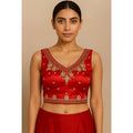 Generic Women's Silk Embroidered V-Neck Sleeveless Readymade Padded Blouse (Red, Size 38)