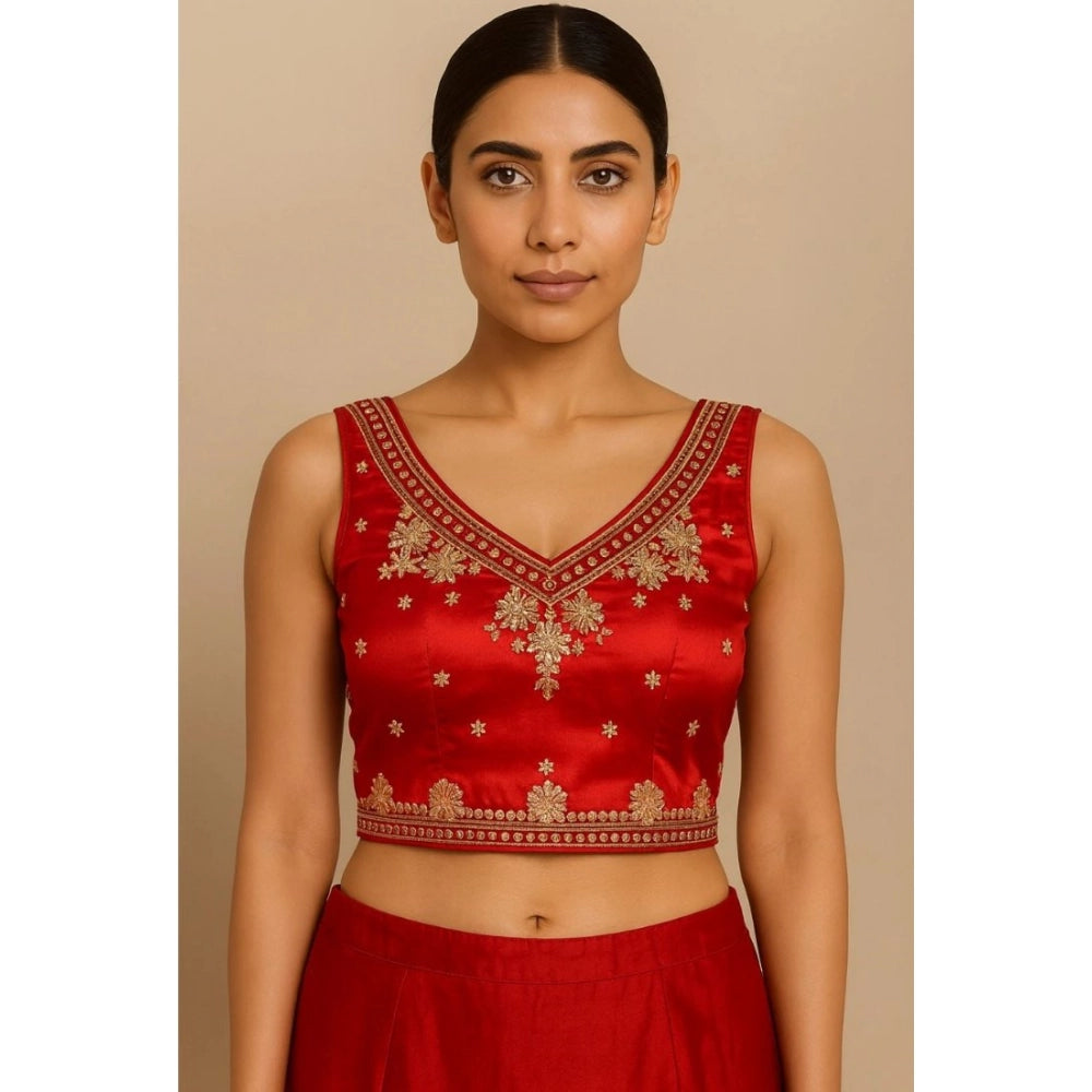 Generic Women's Silk Embroidered V-Neck Sleeveless Readymade Padded Blouse (Red, Size 38)