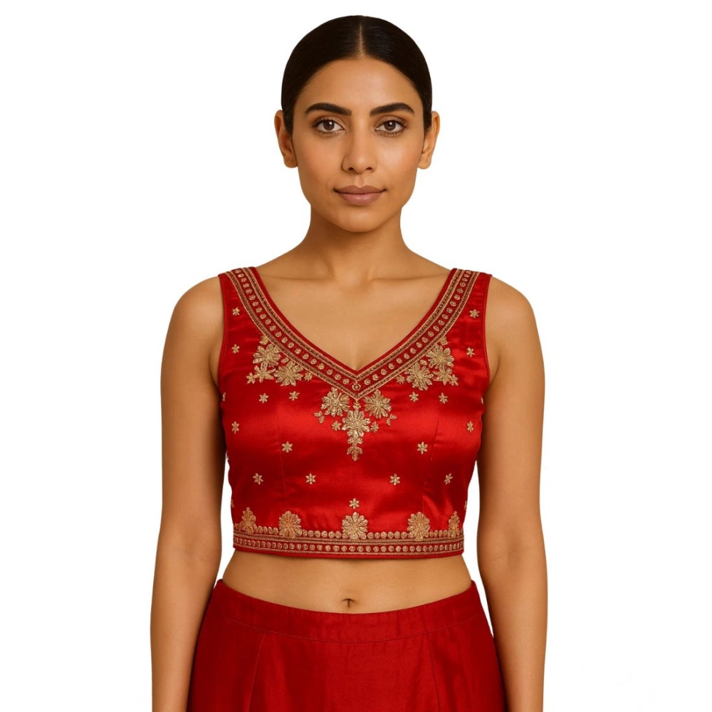 Generic Women's Silk Embroidered V-Neck Sleeveless Readymade Padded Blouse (Red, Size 38)