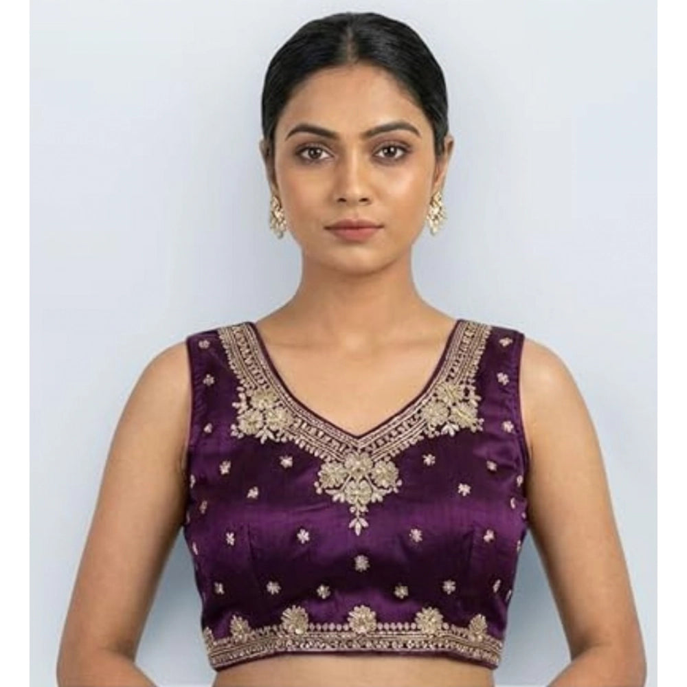 Generic Women's Silk Embroidered V-Neck Sleeveless Readymade Padded Blouse (Wine, Size 38)