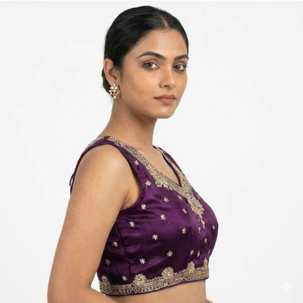 Generic Women's Silk Embroidered V-Neck Sleeveless Readymade Padded Blouse (Wine, Size 38)