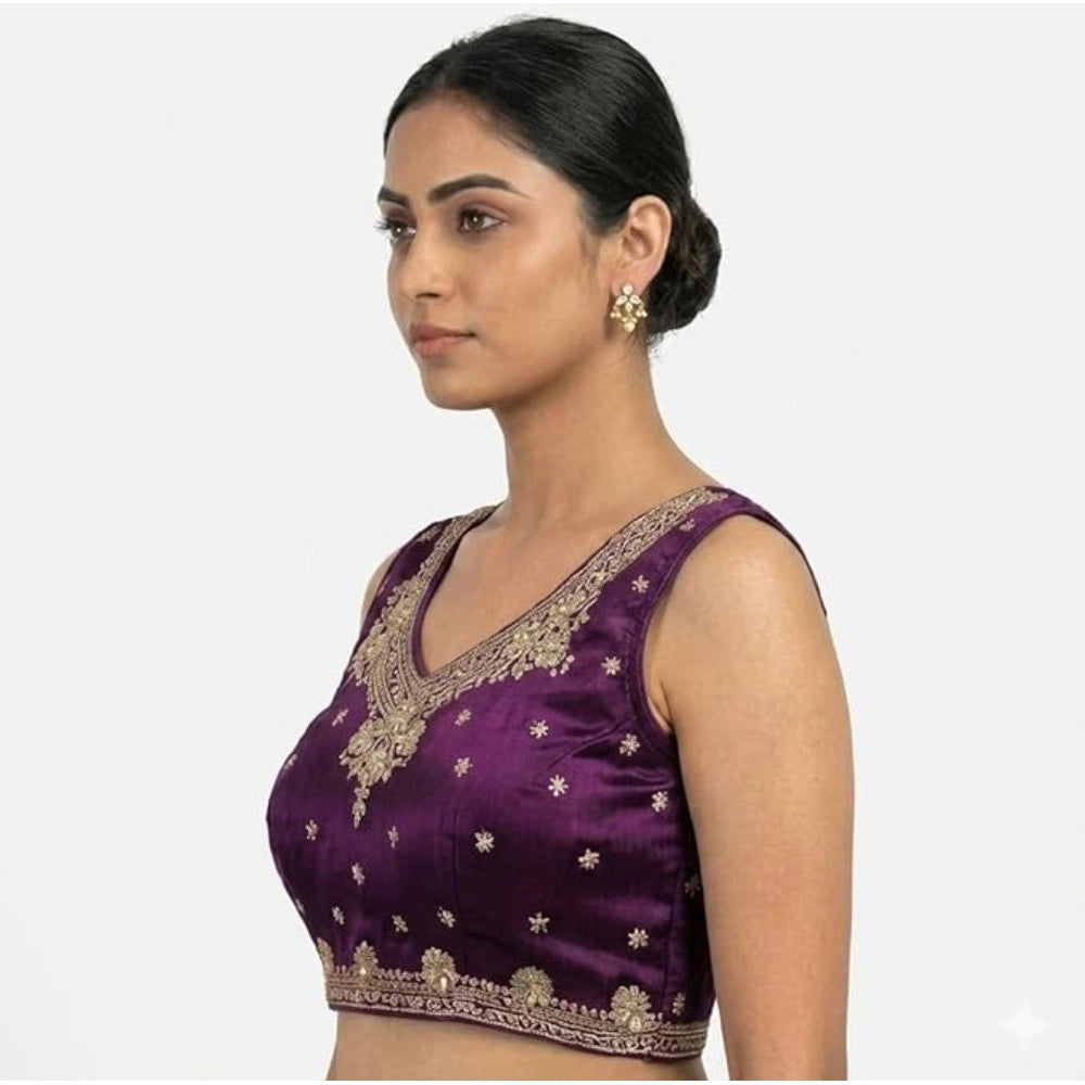Generic Women's Silk Embroidered V-Neck Sleeveless Readymade Padded Blouse (Wine, Size 38)