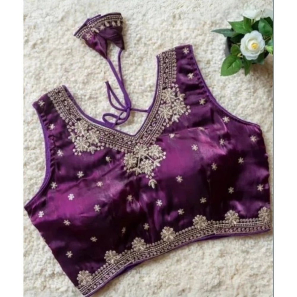 Generic Women's Silk Embroidered V-Neck Sleeveless Readymade Padded Blouse (Wine, Size 38)