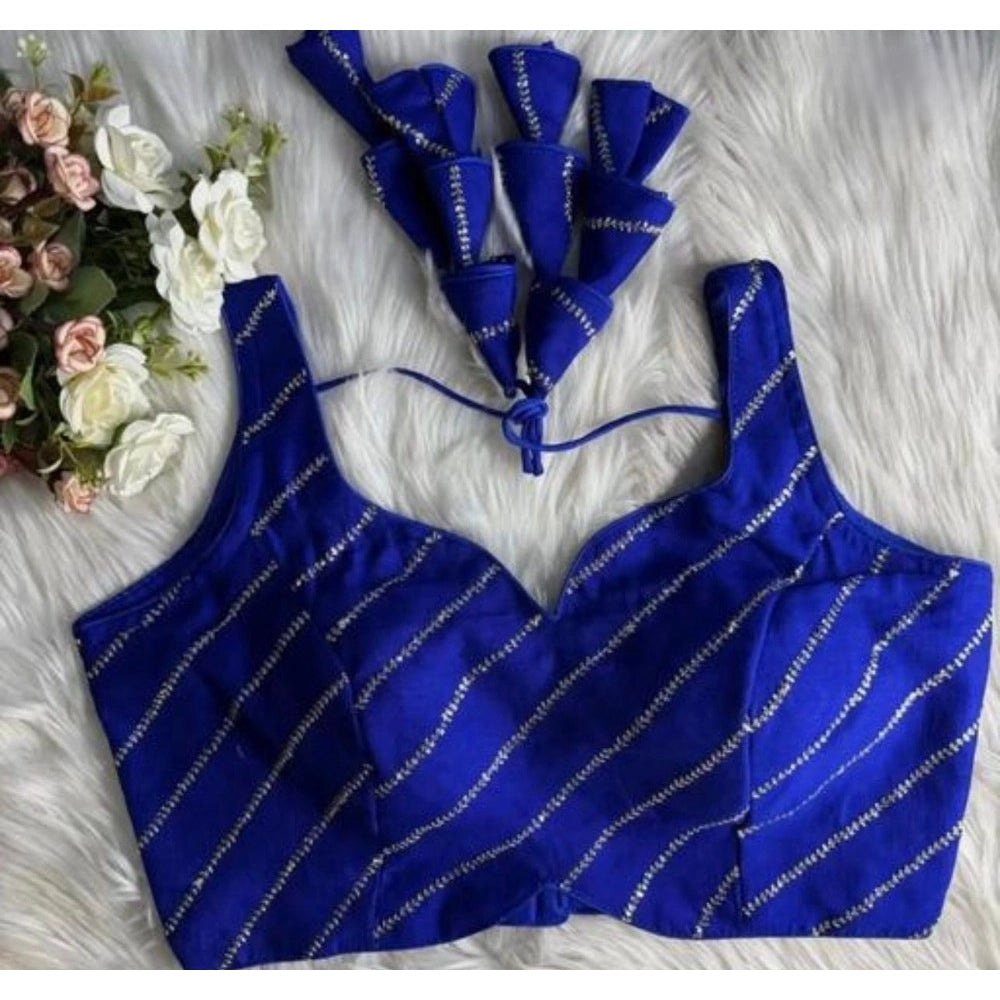 Generic Women's Silk Embellished Sweetheart Neck Sleeveless Readymade Padded Blouse (Blue, Size 38)