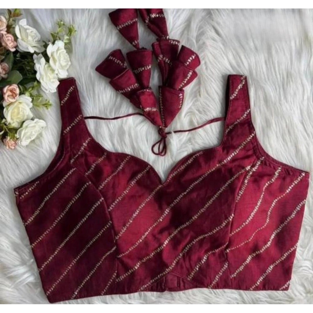 Generic Women's Silk Embellished Sweetheart Neck Sleeveless Readymade Padded Blouse (Maroon, Size 38)