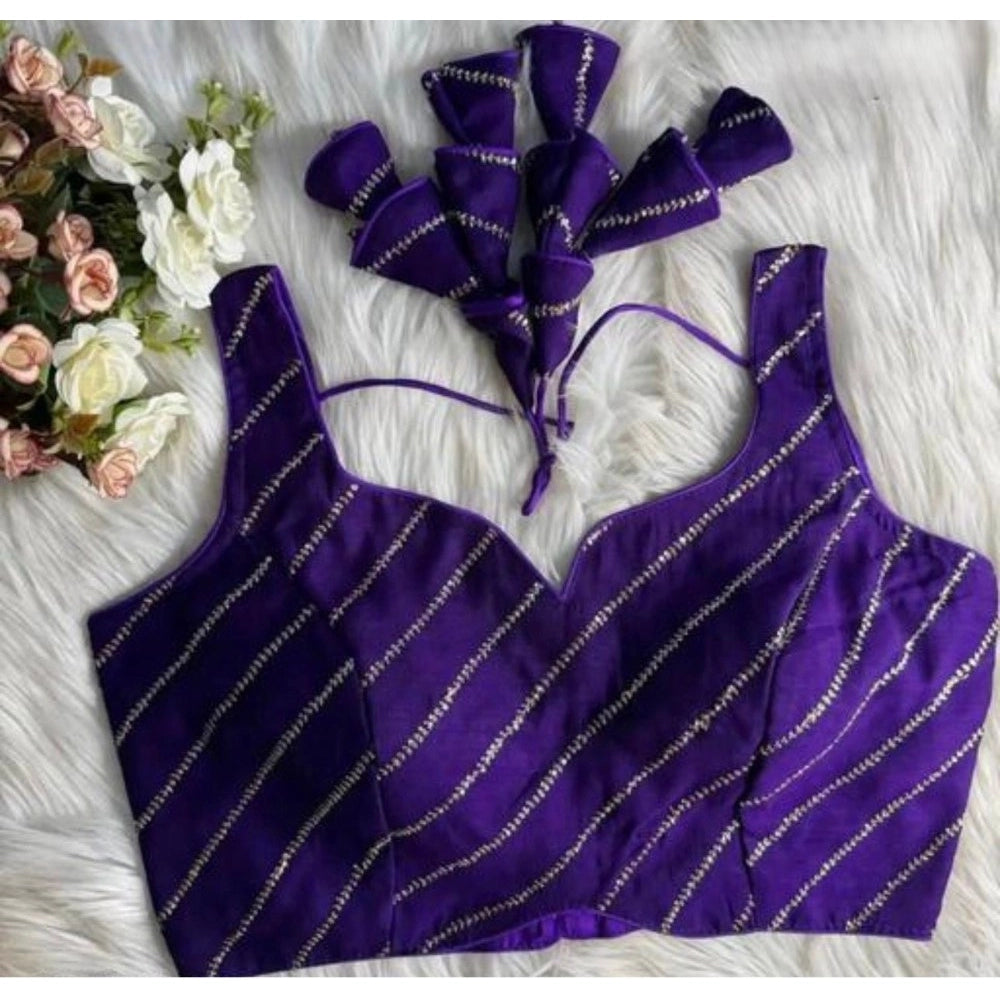 Generic Women's Silk Embellished Sweetheart Neck Sleeveless Readymade Padded Blouse (Purple, Size 38)