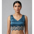 Generic Women's Silk Embroidered Sweetheart Neck Sleeveless Readymade Padded Blouse (Blue, Size 38)