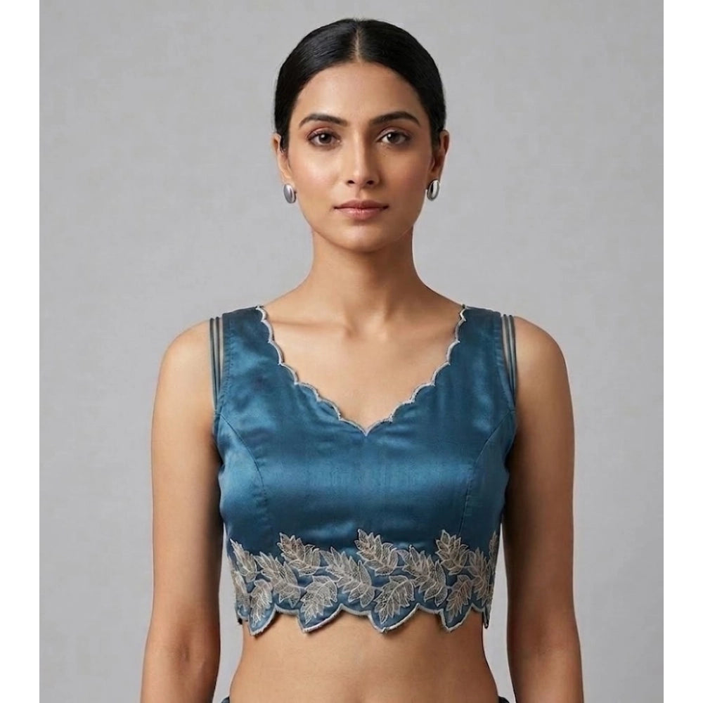 Generic Women's Silk Embroidered Sweetheart Neck Sleeveless Readymade Padded Blouse (Blue, Size 38)