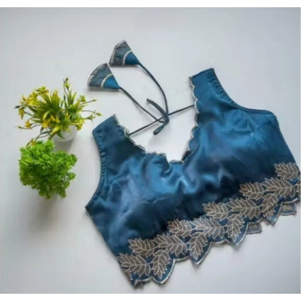 Generic Women's Silk Embroidered Sweetheart Neck Sleeveless Readymade Padded Blouse (Blue, Size 38)