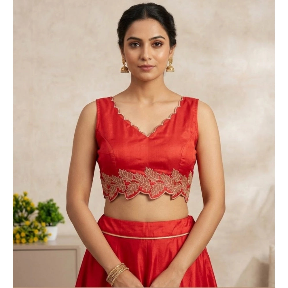 Generic Women's Silk Embroidered Sweetheart Neck Sleeveless Readymade Padded Blouse (Red, Size 38)