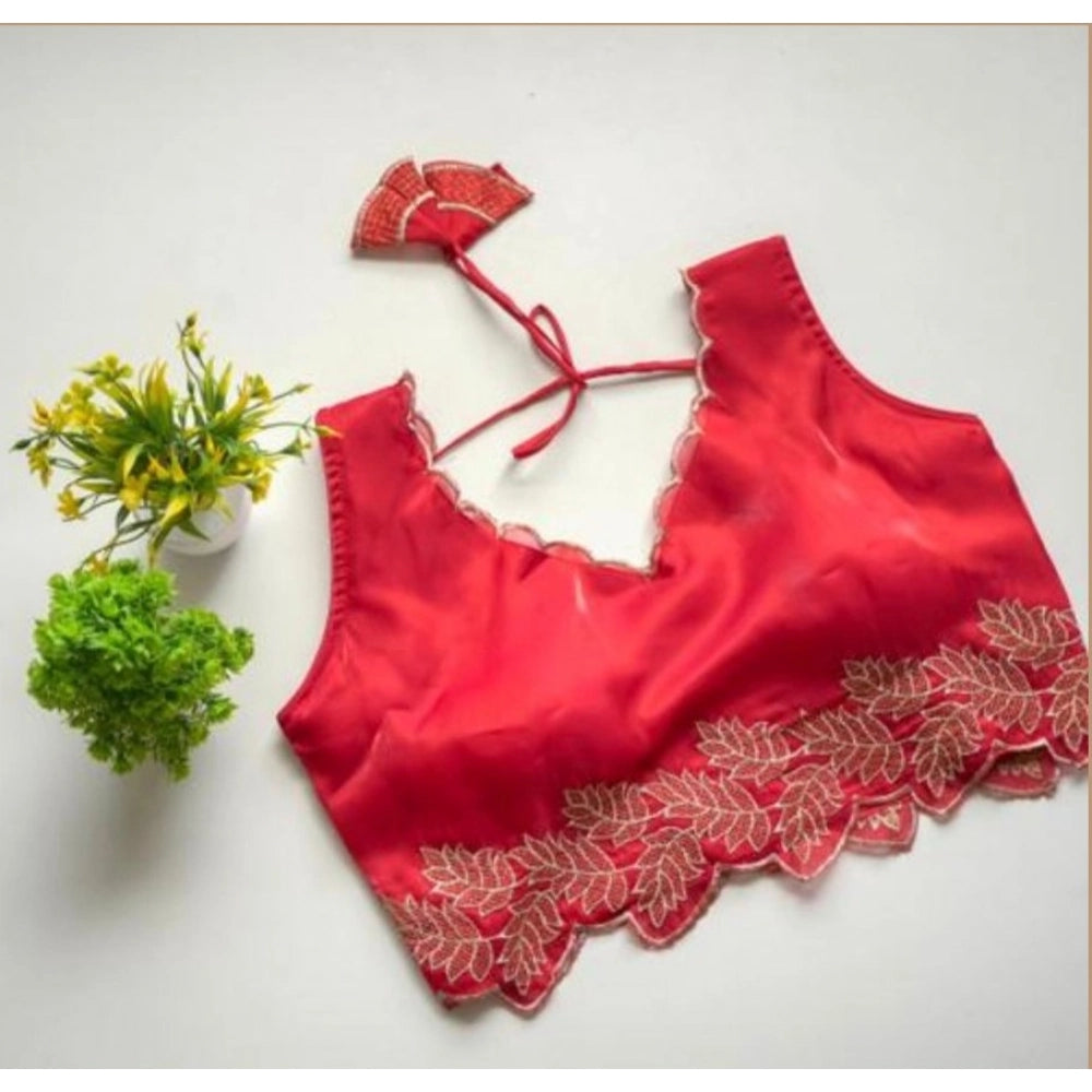 Generic Women's Silk Embroidered Sweetheart Neck Sleeveless Readymade Padded Blouse (Red, Size 38)