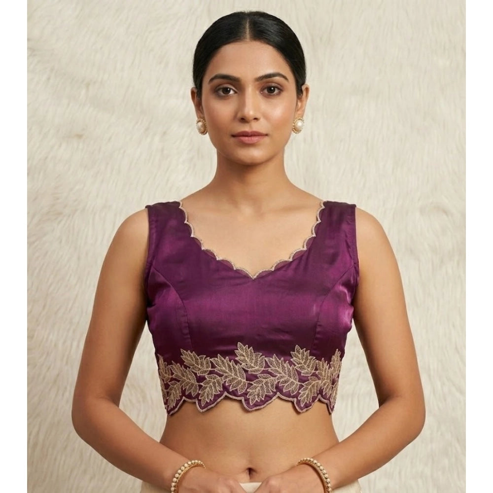 Generic Women's Silk Embroidered Sweetheart Neck Sleeveless Readymade Padded Blouse (Wine, Size 38)