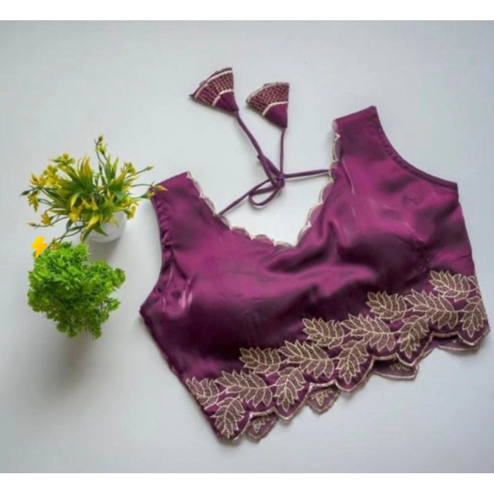 Generic Women's Silk Embroidered Sweetheart Neck Sleeveless Readymade Padded Blouse (Wine, Size 38)