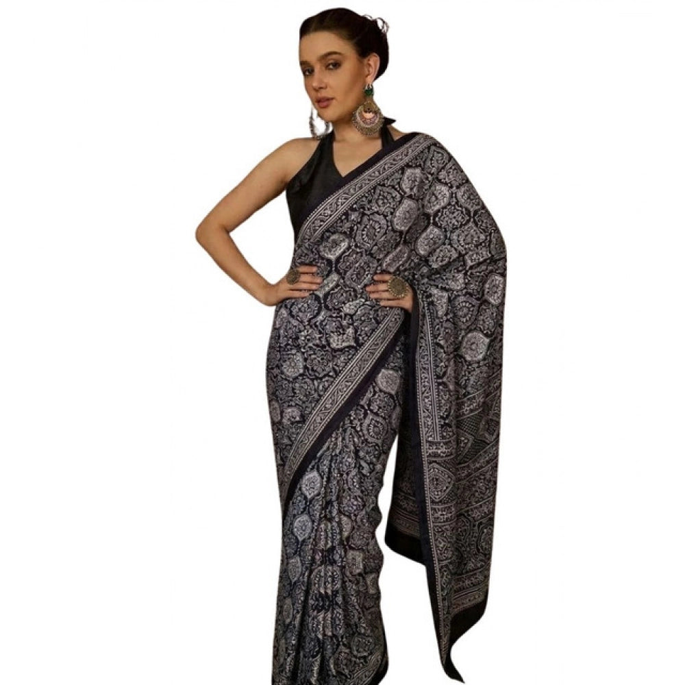 Generic Women's Crepe Printed Saree With Unstitched Blouse 5.5Mtr (Black)