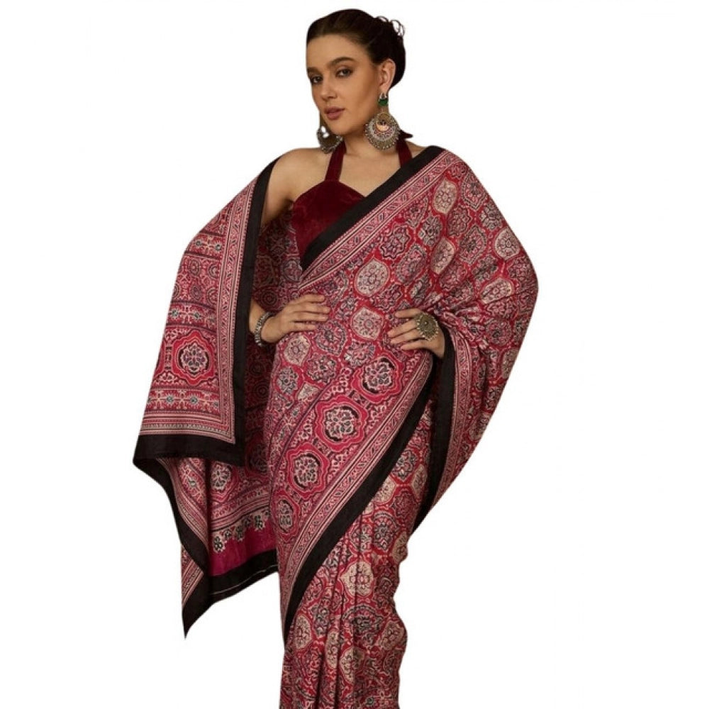 Generic Women's Crepe Printed Saree With Unstitched Blouse 5.5Mtr (Maroon)