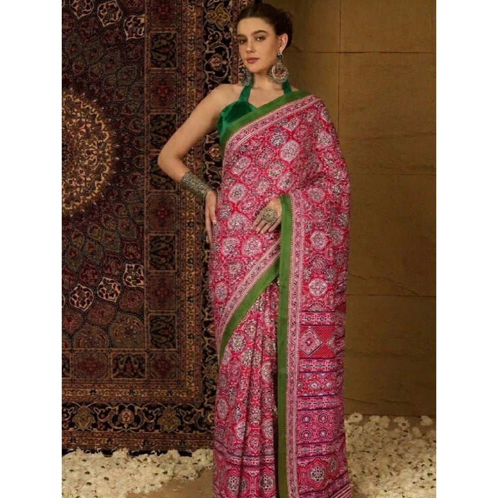 Generic Women's Crepe Printed Saree With Unstitched Blouse 5.5Mtr (Pink)