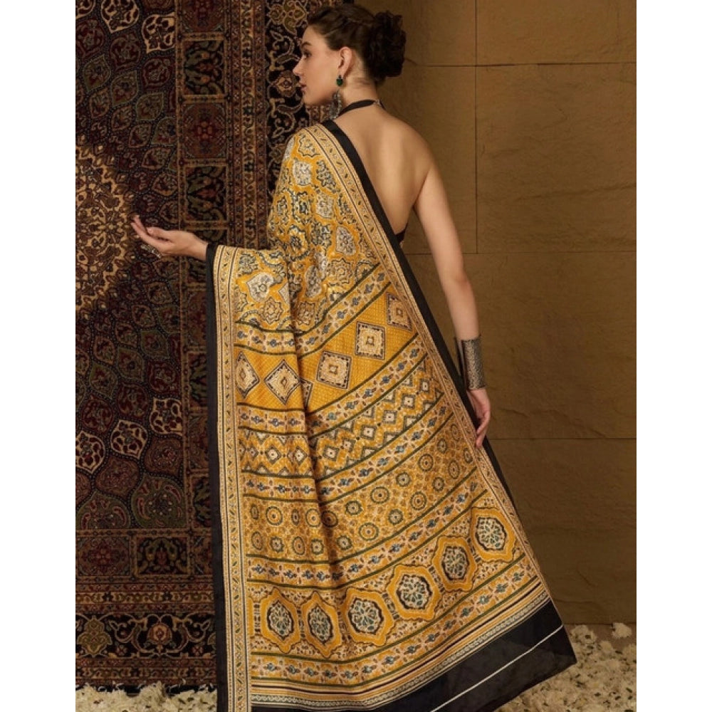 Generic Women's Crepe Printed Saree With Unstitched Blouse 5.5Mtr (Yellow)