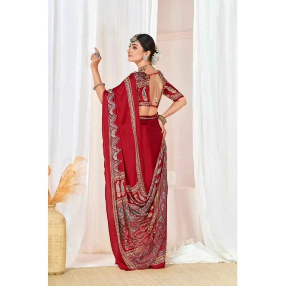 Generic Women's Crepe Printed Saree With Unstitched Blouse 5.5Mtr (Maroon)