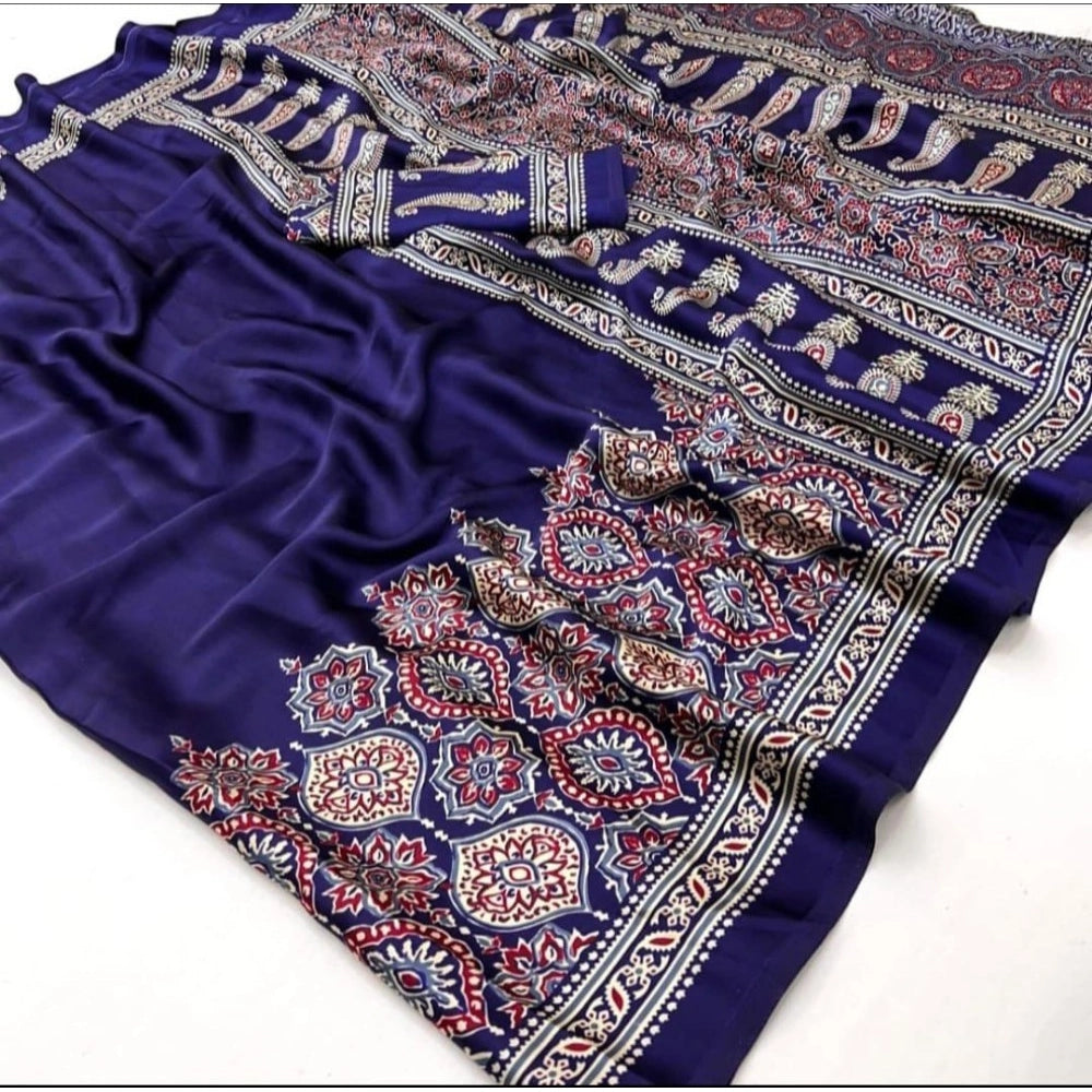 Generic Women's Crepe Printed Saree With Unstitched Blouse 5.5Mtr (Navy Blue)