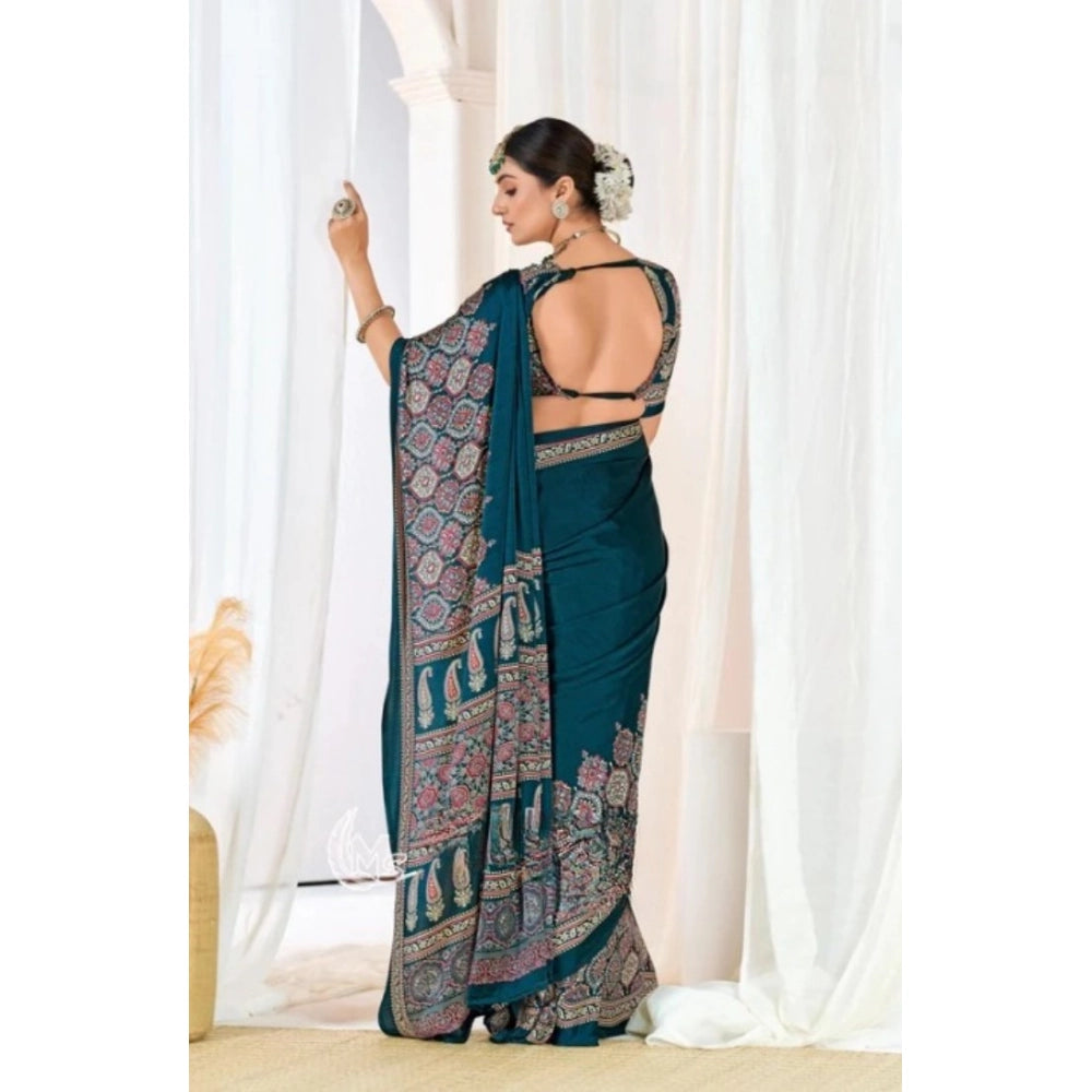 Generic Women's Crepe Printed Saree With Unstitched Blouse 5.5Mtr (Teal)
