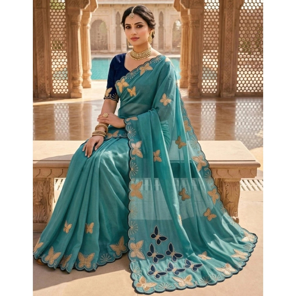Generic Women's Star Georgette Embellished Saree With Unstitched Blouse 5.5Mtr (Blue)