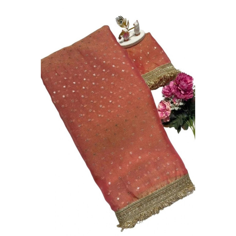 Generic Women's Silk Embellished Saree With Unstitched Blouse 5.5Mtr (Peach)
