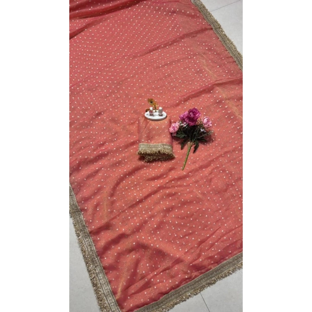 Generic Women's Silk Embellished Saree With Unstitched Blouse 5.5Mtr (Peach)