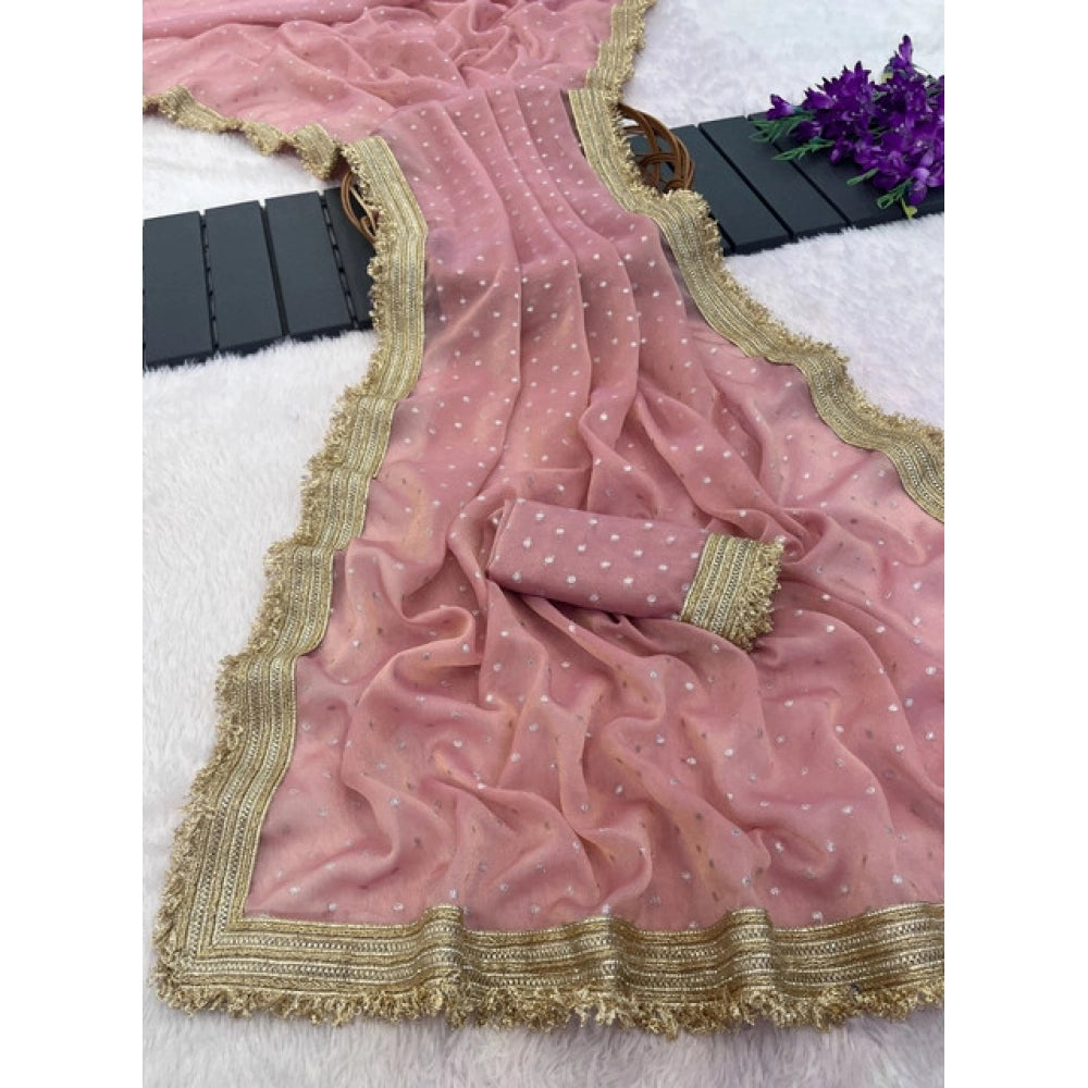 Generic Women's Silk Embellished Saree With Unstitched Blouse 5.5Mtr (Pink)