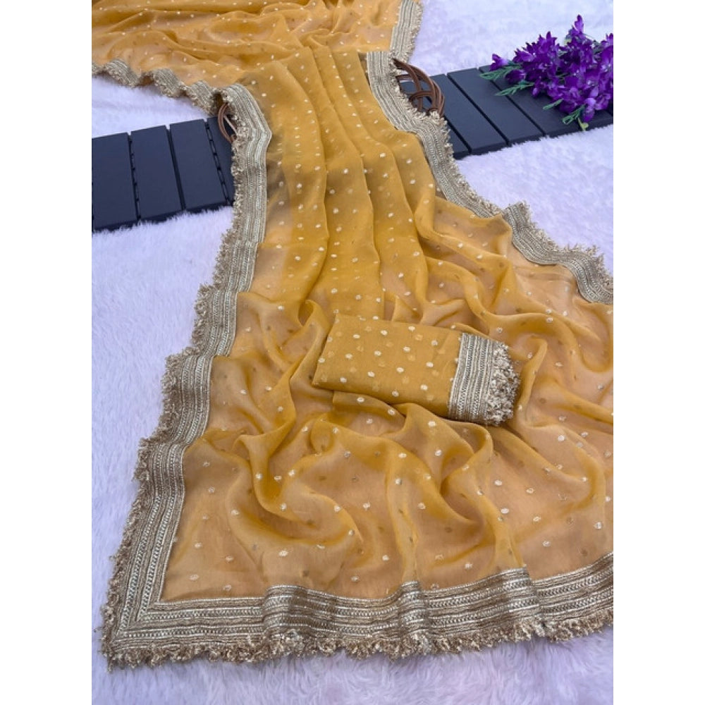 Generic Women's Silk Embellished Saree With Unstitched Blouse 5.5Mtr (Yellow)