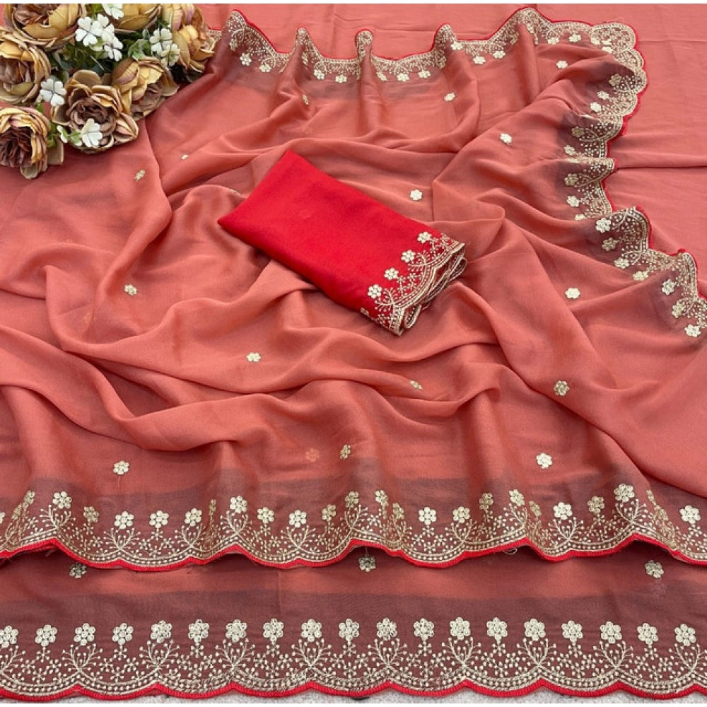 Generic Women's Star Georgette Embroidered Saree With Unstitched Blouse 5.5Mtr (Orange)