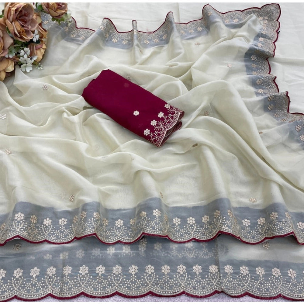 Generic Women's Star Georgette Embroidered Saree With Unstitched Blouse 5.5Mtr (Off White)