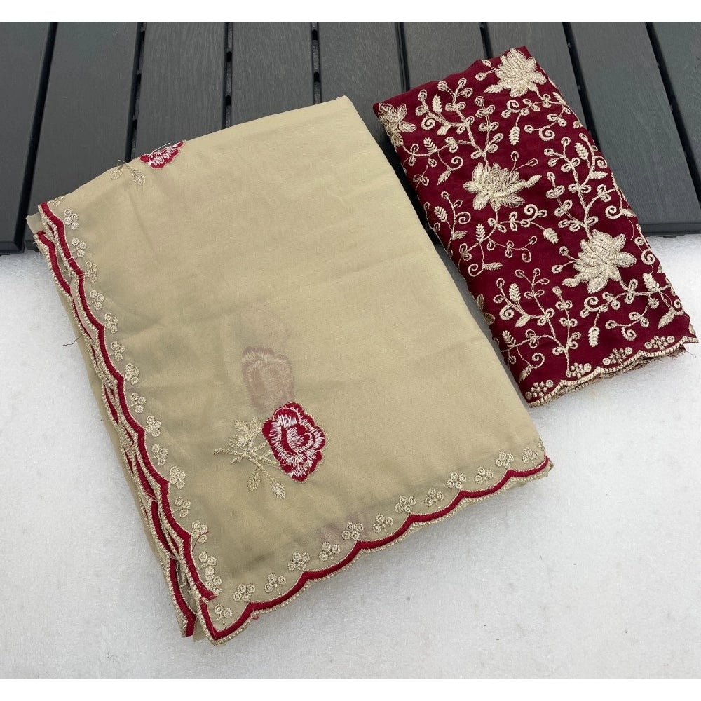 Generic Women's Star Georgette Embroidered Saree With Unstitched Blouse 5.5Mtr (Cream)