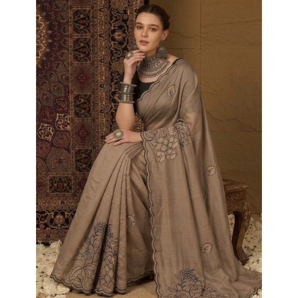 Generic Women's Viscose Silk Embroidered Saree With Unstitched Blouse 5.5Mtr (Brown)