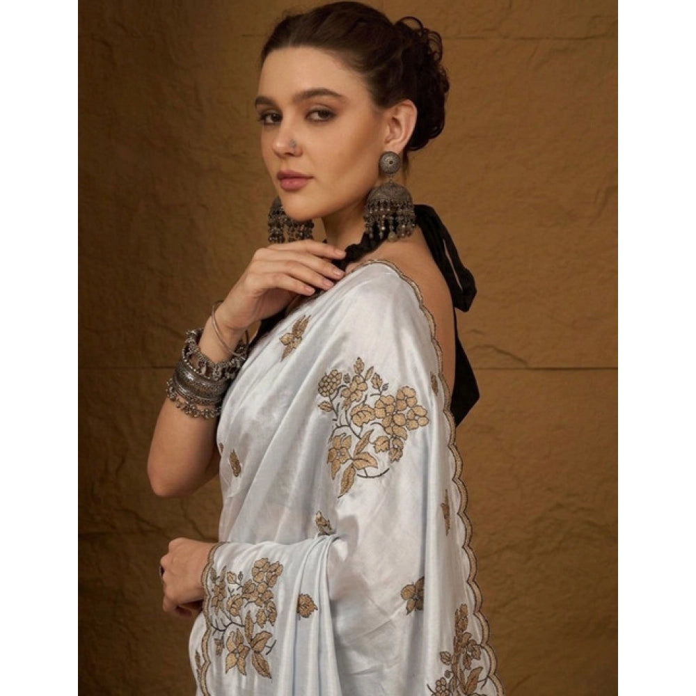 Generic Women's Viscose Silk Embroidered Saree With Unstitched Blouse 5.5Mtr (Grey)