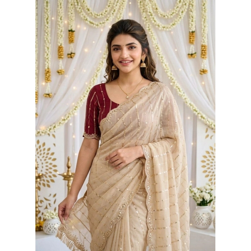 Generic Women's Star Georgette Embroidered Saree With Unstitched Blouse 5.5Mtr (Beige)